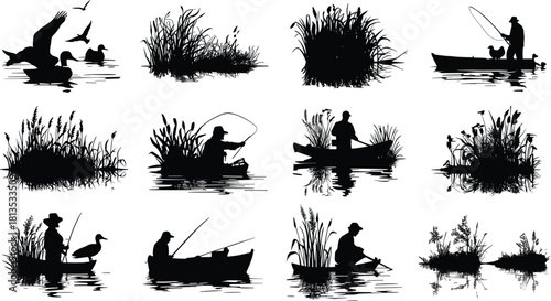 Black silhouette collection of ducks birds and fishermen in boats on water with reeds