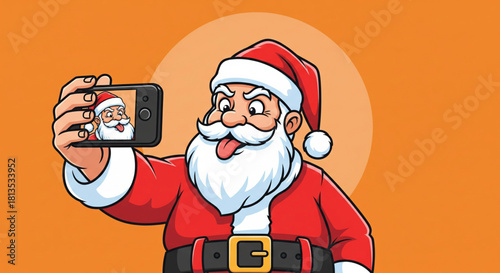Jolly Santa Claus captures a fun, modern moment with a smartphone selfie, sticking out his tongue playfully for festive holiday cheer and digital Christmas greetings