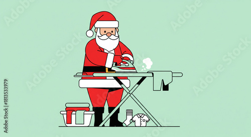 An unexpected yet charming portrayal of Santa Claus diligently ironing his festive attire and other garments, preparing meticulously for the holiday season