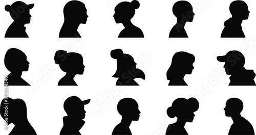 Collection of black human head silhouettes facing right with diverse hairstyles and headwear