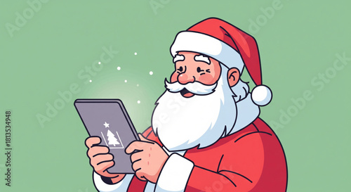 Jolly Santa Claus Engaged with a Digital Tablet, Bringing Modern Magic to the Holiday Season and Festive Cheer for Worldwide Preparations