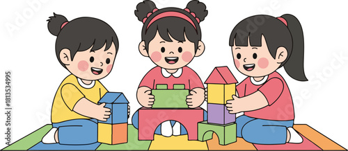 Three girls playing with colorful blocks on a mat indoors