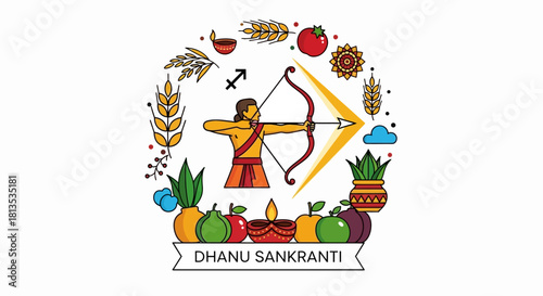 Vibrant Dhanu Sankranti celebration artwork featuring traditional motifs, perfect for cultural events, greeting cards, and festive season promotions, radiating joy and prosperity