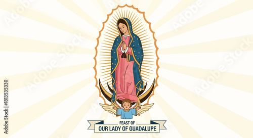 Celebrate the Feast of Our Lady of Guadalupe with this beautiful illustration, perfect for cards, invitations, and social media posts honoring this revered religious occasion
