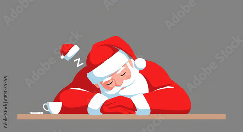 Santa Claus naps peacefully next to a steaming cup of coffee on a desk
