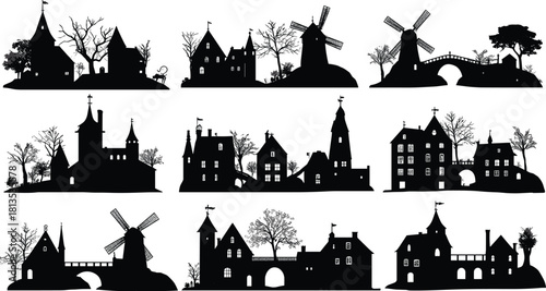 Collection of black silhouette building clusters with windmills and bridges architecture