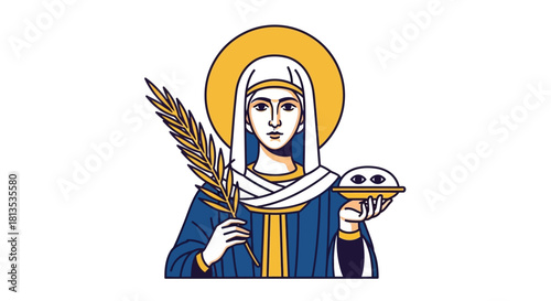 Elegant illustration of Saint Lucy holding a palm branch and a plate with eyes, a symbol of her patronage against eye diseases and blindness, great for religious education materials