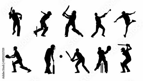 Dynamic cricket players in action silhouettes, perfect for sports branding, tournament promotion, or cricket-themed designs with a professional edge and vector art feel