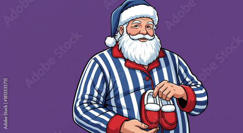 Jolly Santa Claus Character Illustration in Striped Pajamas and Hat, Holding Cozy Red Slippers, Ready for a Relaxing Festive Evening or Christmas Morning Comfort
