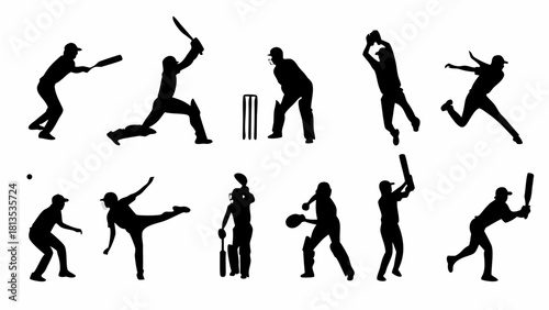 Dynamic cricket players silhouettes showcase action poses of batting, bowling, catching, and fielding skills, great for sports designs and team branding needs