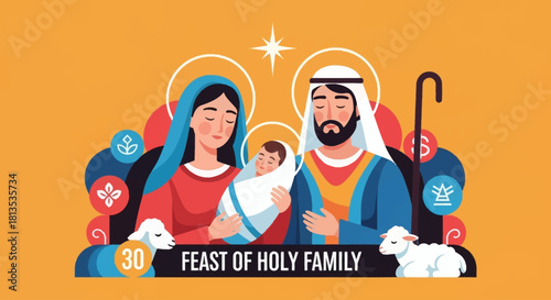 Celebrate the Feast of the Holy Family with this heartwarming illustration of Mary, Joseph, and baby Jesus, perfect for church bulletins, holiday cards, and festive banners