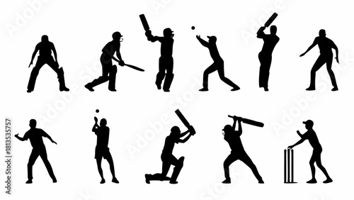 Dynamic cricket players silhouettes in action showcasing batting, bowling, fielding expertise, perfect for sports marketing, game highlights, team branding