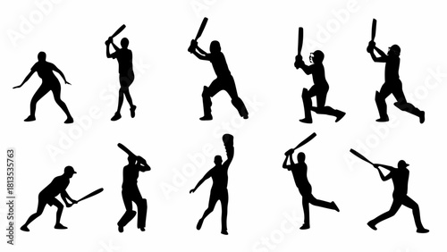 Dynamic cricketers batting in silhouette, perfect for sports branding, cricket team logos, powerful action scenes, and graphic design elements, bold and eye-catching