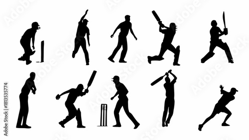 Dynamic Cricket Player Silhouettes in Action Ready to Score, Perfect for Sports Designs and Team Branding, Originally a Scalable Vector Graphic