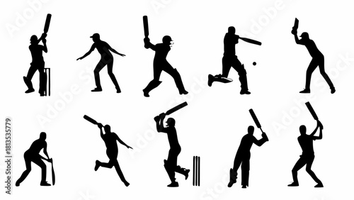 Dynamic silhouettes capture the energy of cricket players in action, perfect for sports branding, team logos, and athletic designs in a modern style