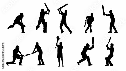Dynamic cricket players in action, captured as scalable vector silhouettes showcasing batting, fielding, bowling, and wicket keeping for sports design projects
