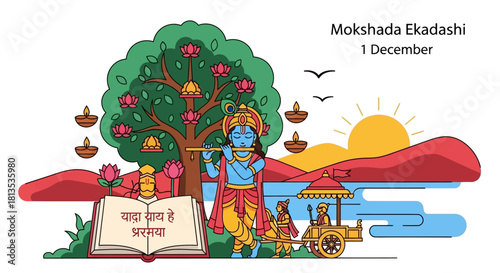 Celebrate the Holy Day of Mokshada Ekadashi with this vibrant illustration honoring Lord Krishna, ideal for spiritual events and cultural celebrations in December