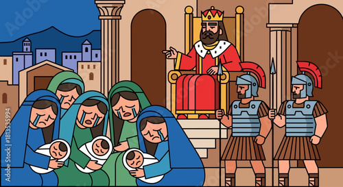 Powerful scene of mothers weeping for their children before a stern king and guards, evoking themes of injustice, sorrow, and historical drama, perfect for storytelling and education