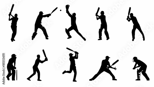 Dynamic cricket players silhouettes, embodying sport, teamwork, and action, perfect for cricket themed designs, logos, or any sport related projects