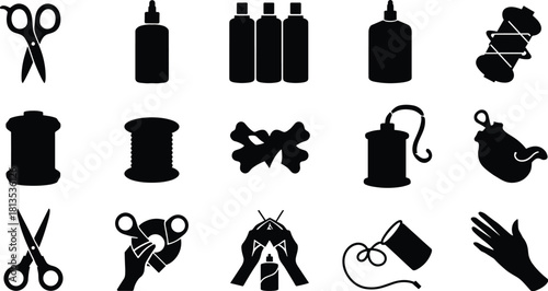 Collection of black silhouette icons depicting crafting and D I Y tools and materials