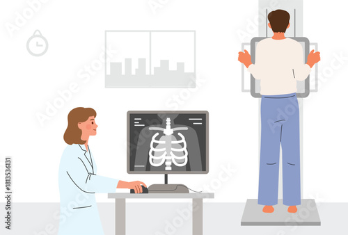 Radiologist performing X-ray examination on a patient in a medical clinic.