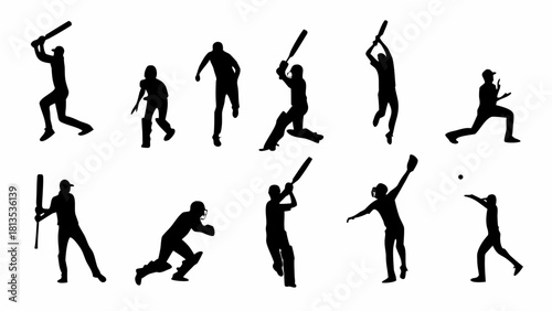 Dynamic cricket players in action silhouettes, perfect for sports branding and team spirit visuals, bold and energetic, great for posters and web designs