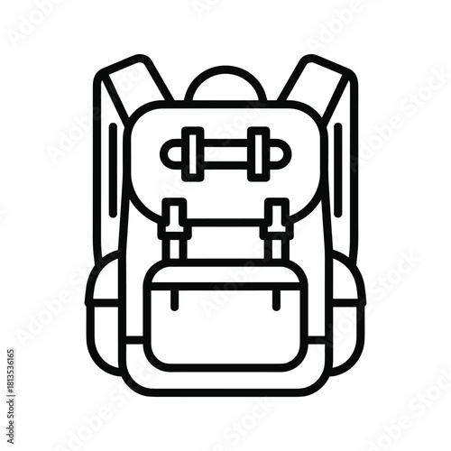 Simple black and white line icon representing a hiking backpack or rucksack, isolated on