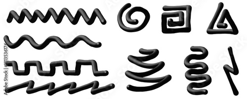 A clean, high-contrast image features various black, rounded, abstract shapes and lines against a stark white backdrop. The shapes include spirals, zigzags, and geometric forms, rendered with a smooth
