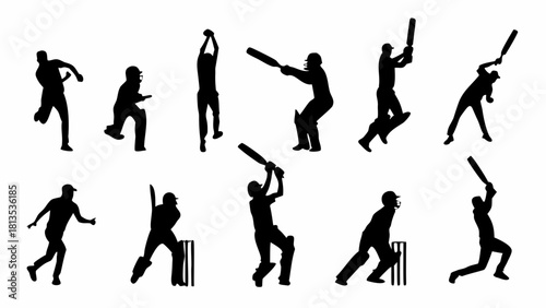 Dynamic cricket player silhouettes in action, showcasing athleticism and sportsmanship in a collection perfect for sports branding and cricket promotion