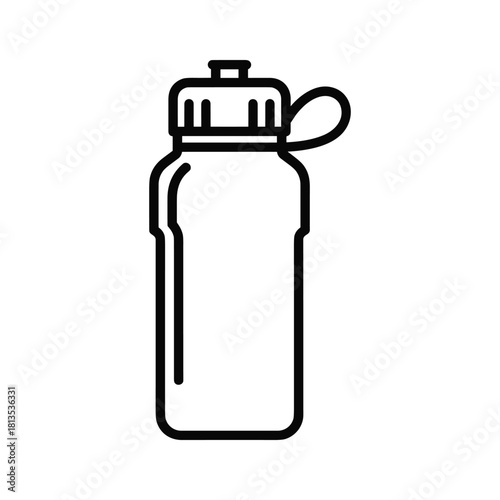 Simple black and white line art icon of a reusable sports water bottle with a cap and carrying loop, isolated on