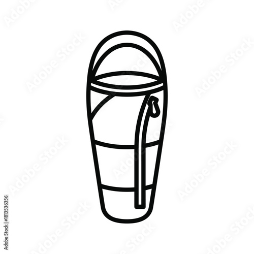 Black and white line icon of a rolled up sleeping bag with a handle and zipper, isolated on