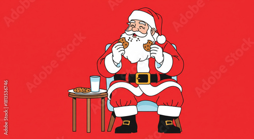 Santa Claus Enjoying Cookies and Milk A Festive Illustration on a Red Background