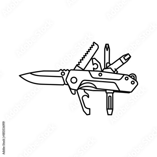 Outline drawing of a multitool pocket knife with various implements extended, isolated on