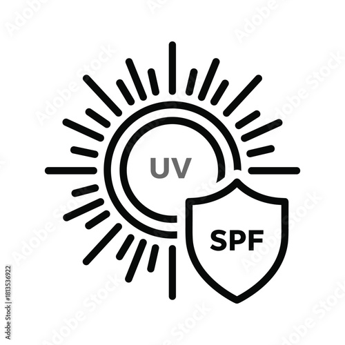 Black and white line icon representing uv protection and spf shield against sun radiation, isolated on