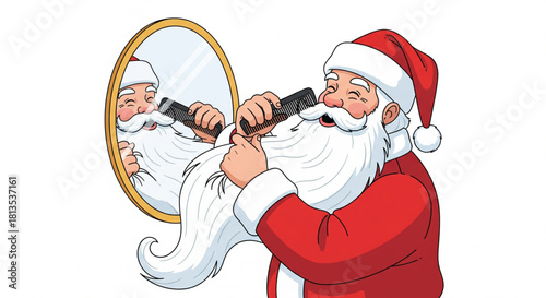 Santa Claus Grooming His Beard in the Mirror A Festive Illustration for Christmas