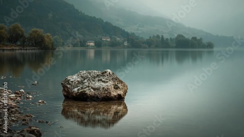 A solitary rock emerging from a still lake, its reflection mirrored in the water, with misty hills and trees in the distance. Concept Solitary rock in still lake, Mirror-like reflection