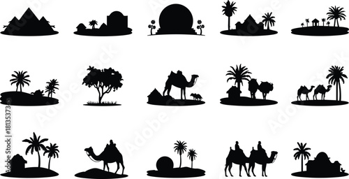 Collection of Black Silhouettes of Desert Landscapes Camels and Buildings black and white