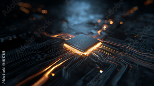 Close-up of a microchip with glowing circuits, showcasing modern technology and innovation in electronics.