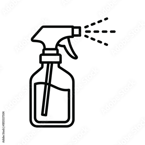 Simple black and white line art icon of a spray bottle dispensing liquid in a fine mist, isolated on