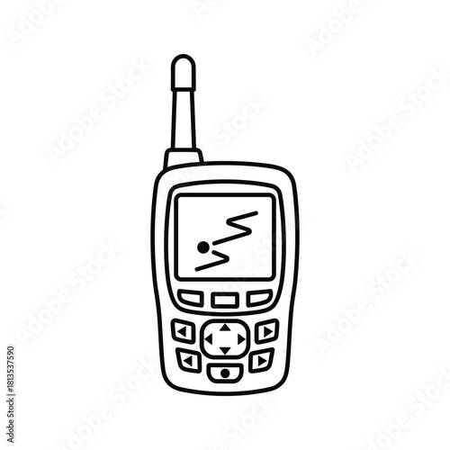 Outline icon of a handheld satellite communication device or walkie talkie with an antenna and signal display, isolated on