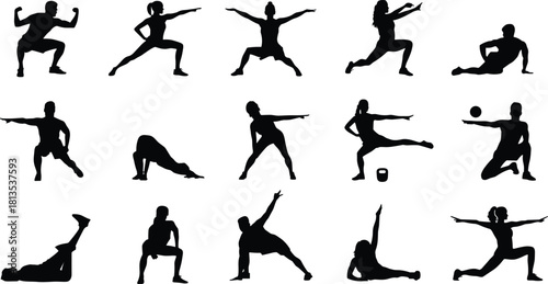 Collection of black silhouettes of men and women performing various fitness exercises and stretches