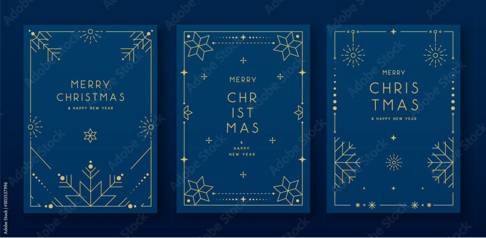 Obraz premium Set of modern Christmas frames or holiday greeting cards on blue background. Line art vector illustration