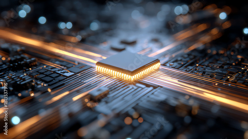 Close-up view of a microchip on a circuit board, showcasing intricate designs and glowing elements, symbolizing innovation.