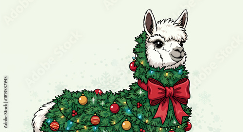A festive illustration of a white llama decorated as a Christmas tree with ornaments, lights, and a red bow on a light background.