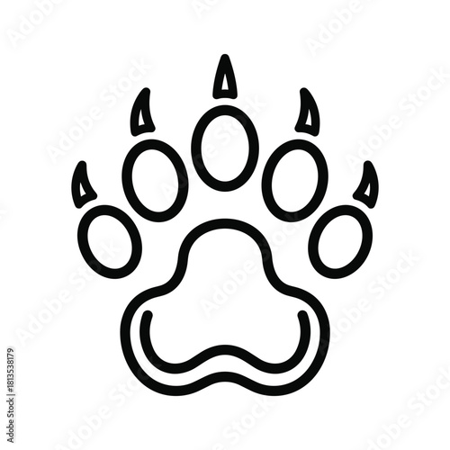 Simple black and white outline icon of a bear or wild animal paw print with claws, isolated on