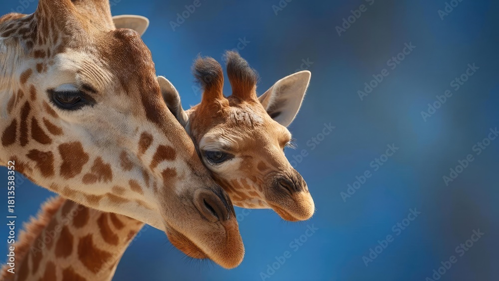 Obraz premium Two giraffes, a mother and her calf, nuzzle heads together against a blue background. Concept Giraffes, mother and calf bonding, affectionate wildlife portrait, nuzzling heads, blue backdrop