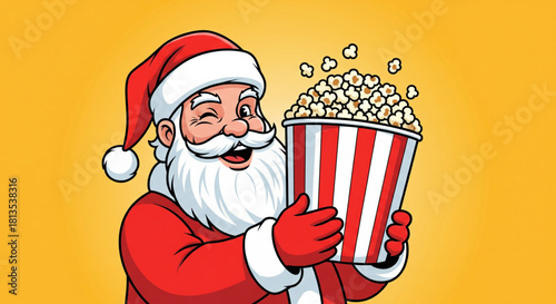 Santa's Movie Night Jolly Cartoon Santa Claus Enjoying Popcorn on a Festive Yellow Background