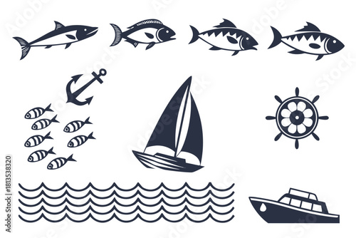 Nautical Icons Set With Sailboat Anchor Fish Compass And Ship Wheel vector illustration
