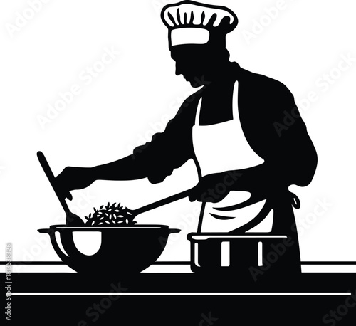 Chef stirring food in bowl with utensils cooking preparation