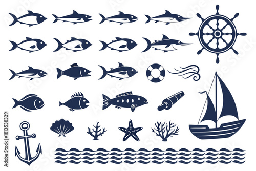 Extensive Nautical Icons Collection With Fish Sailboat Seahorse And Anchor ship wheel